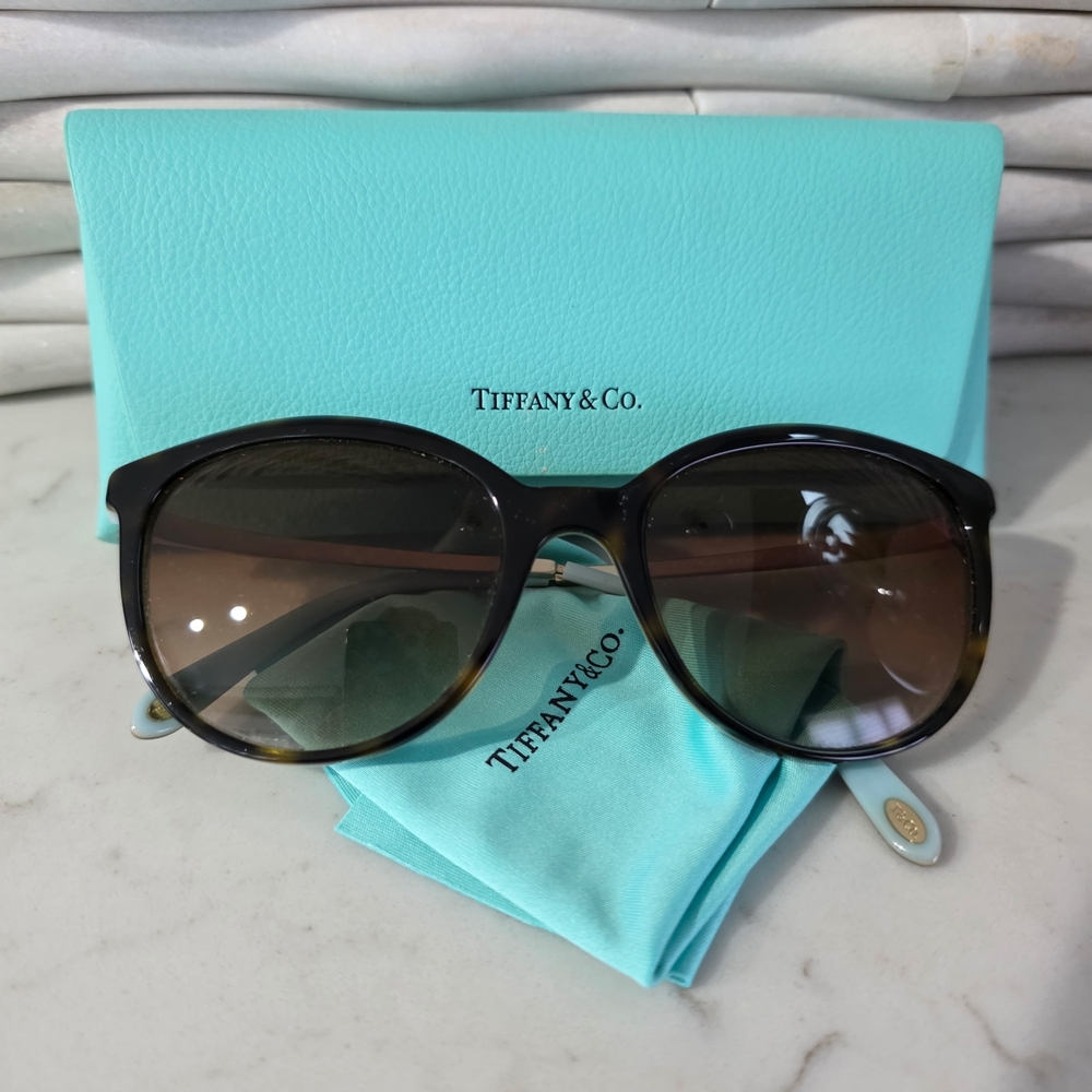 Tiffany & Co. Black Frame Sunglasses with Brown Lenses and Pale Blue Temple Tips - Picture 1 of 10